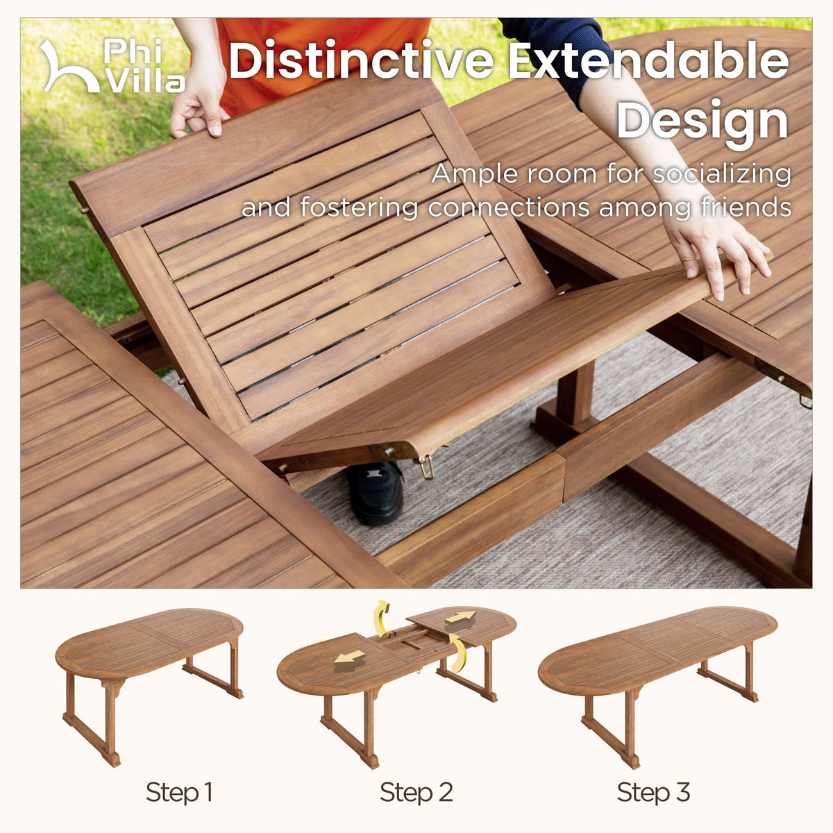 PHI VILLA Outdoor Dining Set for 6, Expandable Acacia Wood Table & Chairs