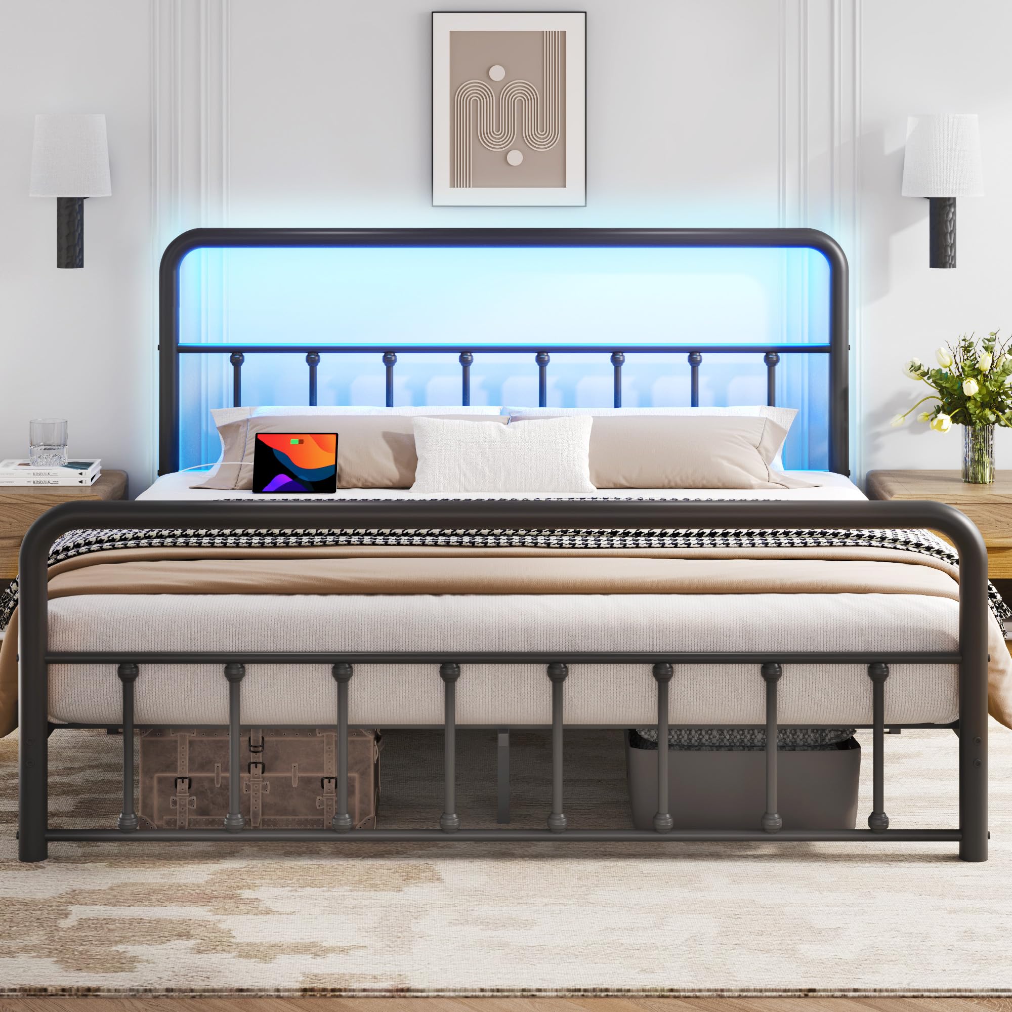 Queen Bed Frame with LED Headboard & Charging Station