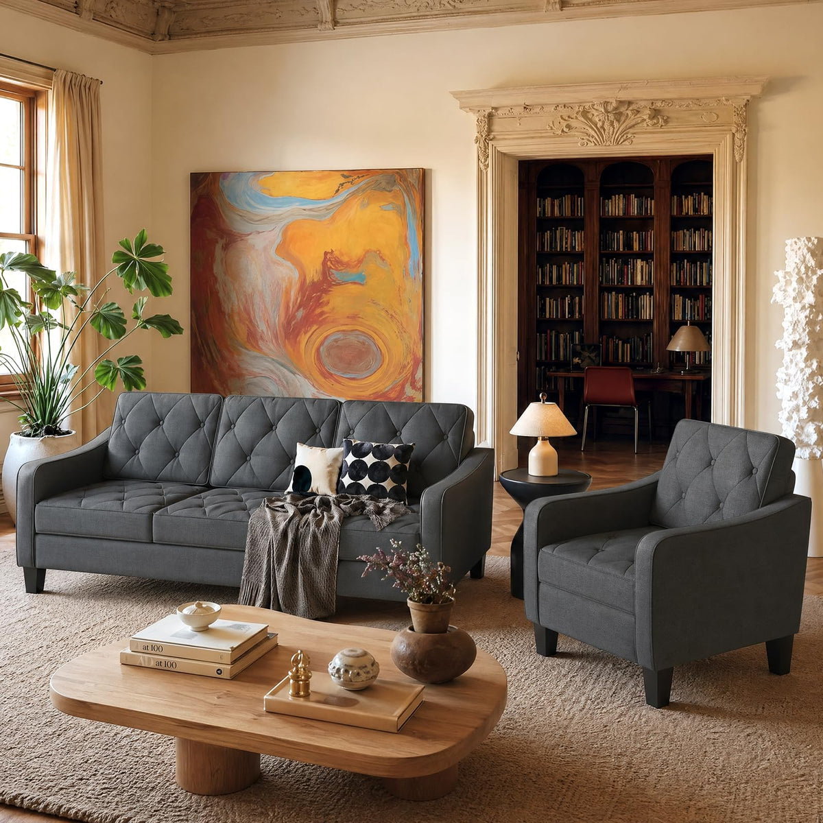 3-Piece Dark Grey Tufted Sofa Set