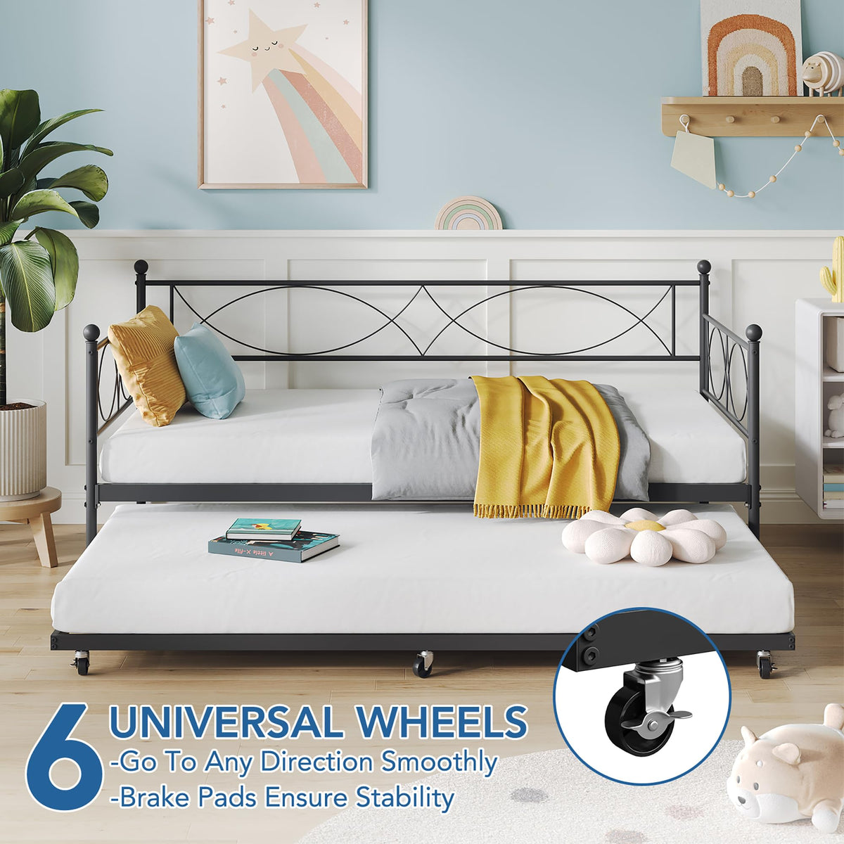 IDEALHOUSE Metal Twin daybed with Trundle with Steel Slat Support