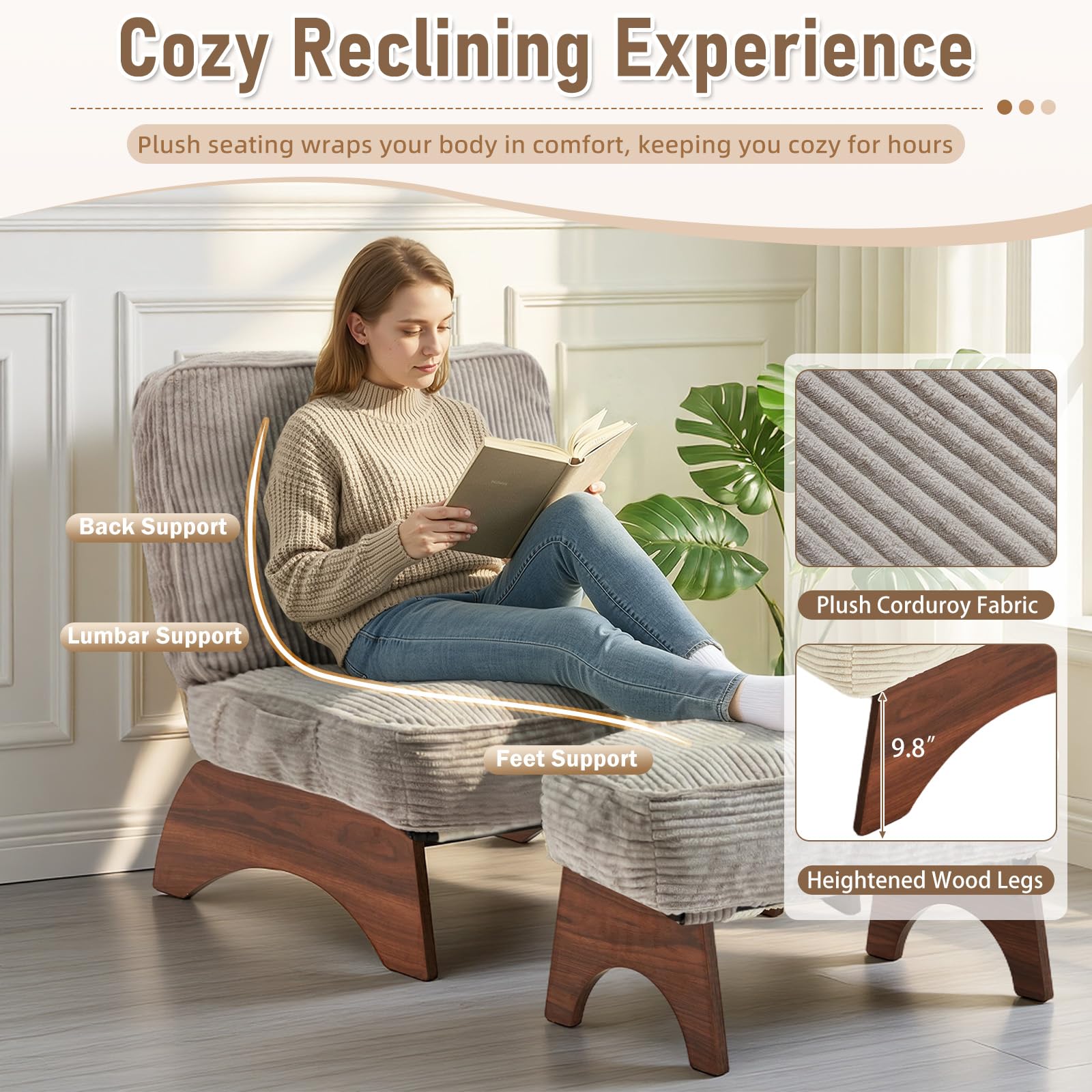 Corduroy Accent Chair with Ottoman & Adjustable Backrest