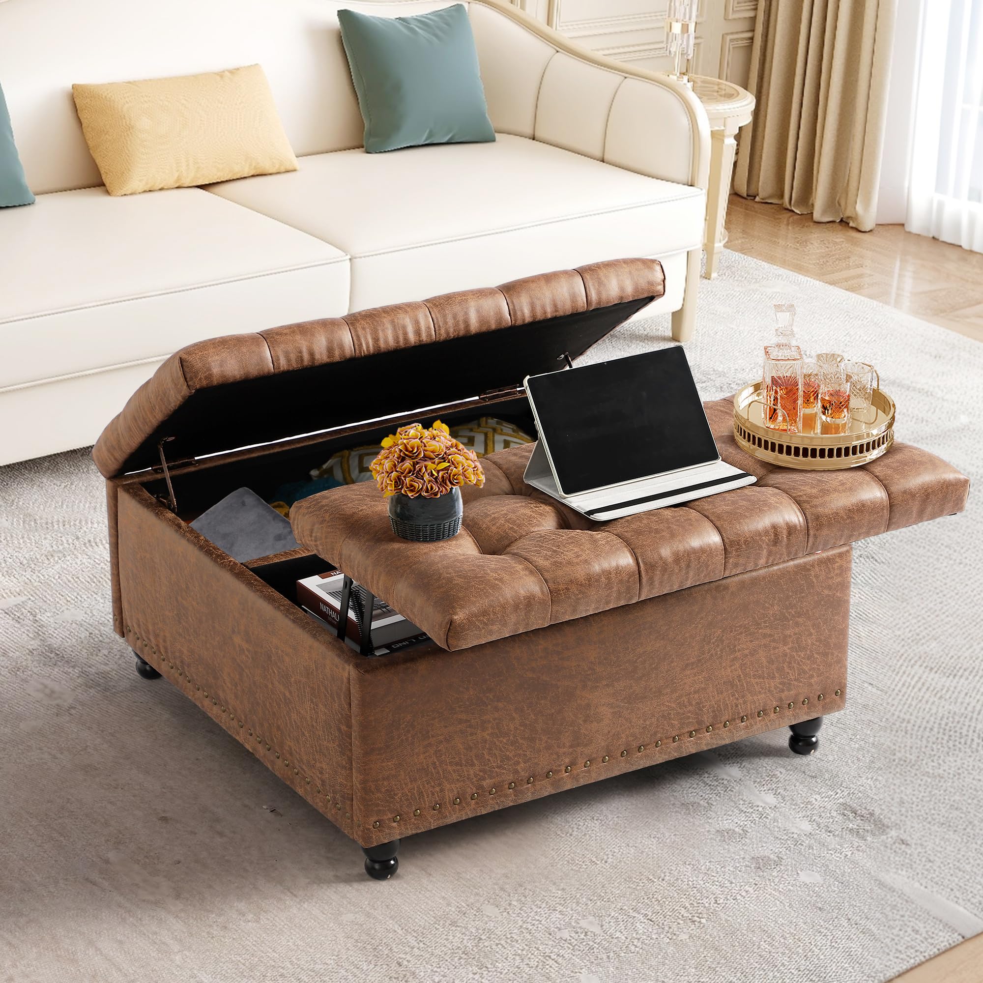 UTOASIS 36" Large Square Ottoman with Storage, Tufted Upholstered Storage Ottoman with Lift Top & Solid Legs for Bedroom Room, Extra Large Coffee Tables Bench for Living Room as Footstool (Brown)