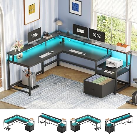 L-Shaped Desk with File Drawer, Power Outlet & LED Lights