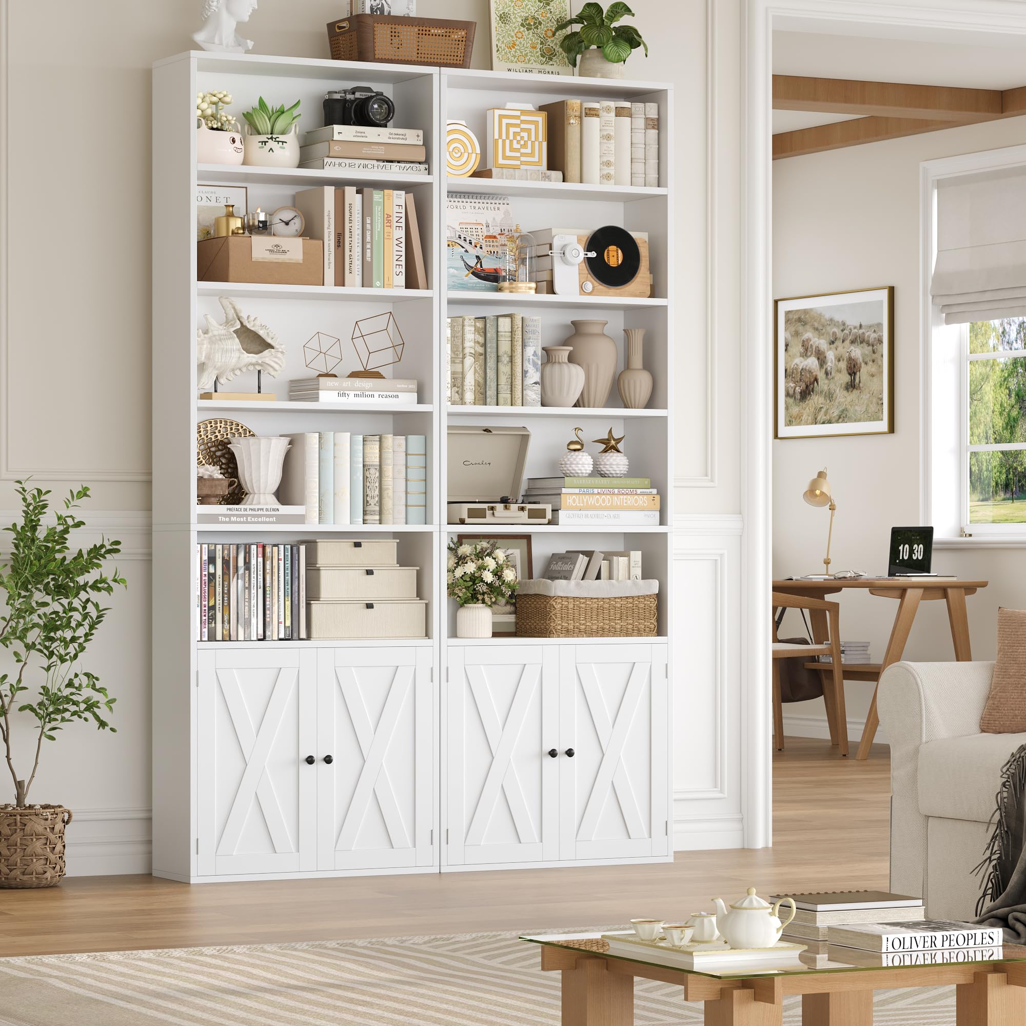 FACBOTALL 82" Tall Bookcase and Book Shelf, 24" Wide Bookshelf with Doors, 7 Tier Bookcase with Storage and Adjustable Shelf, Open and Display Farmhouse Bookshelf for Living Room, Home Office, White