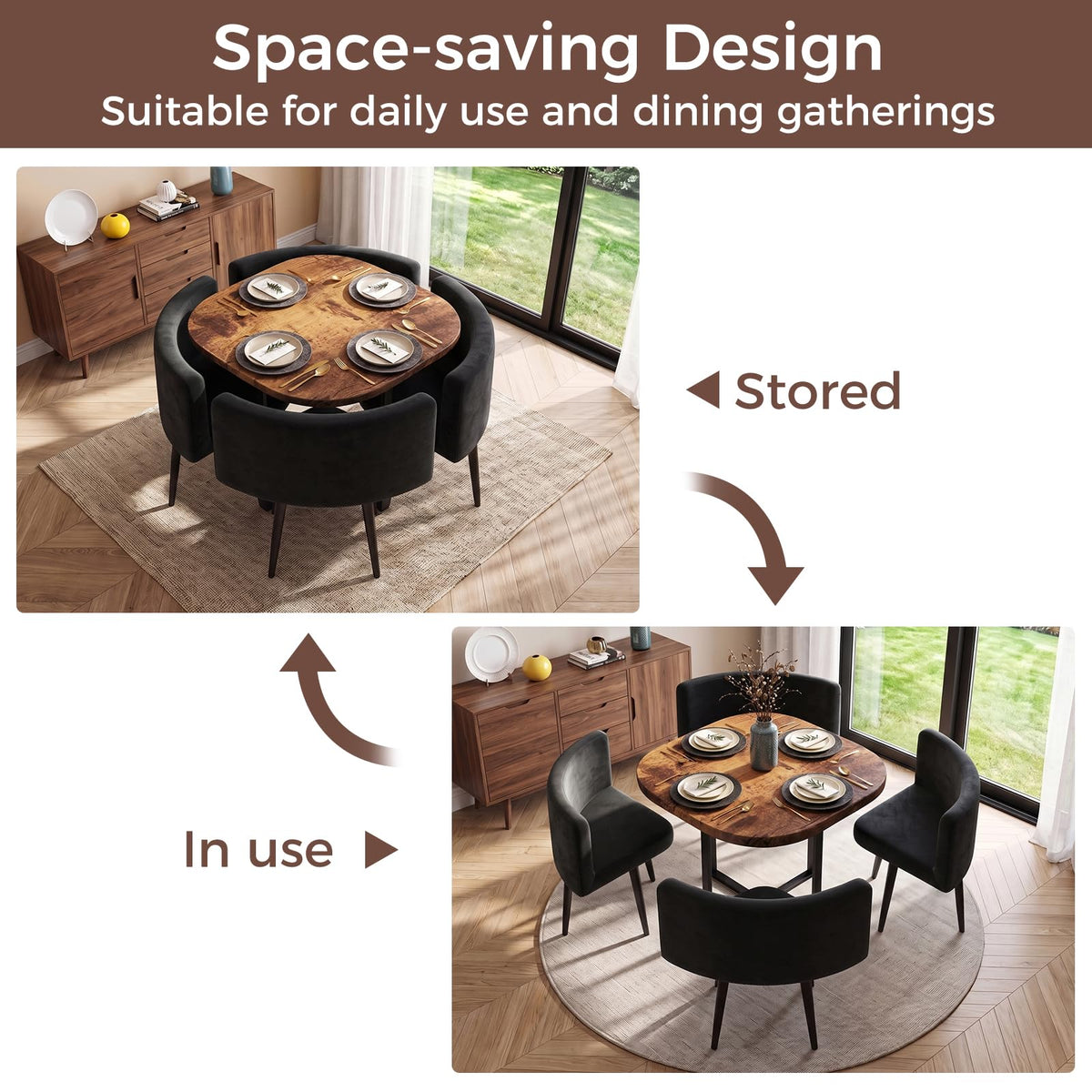 35.4" Square Dining Table with Rounded Corner, Brown Table ＆ Black Chairs