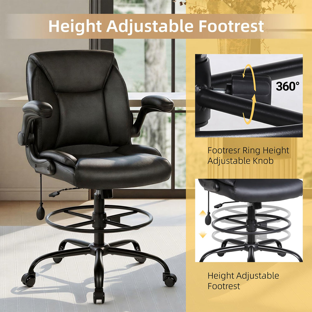 Ermnois PU Leather Drafting Chair, Adjustable Lumbar Support, Black,1