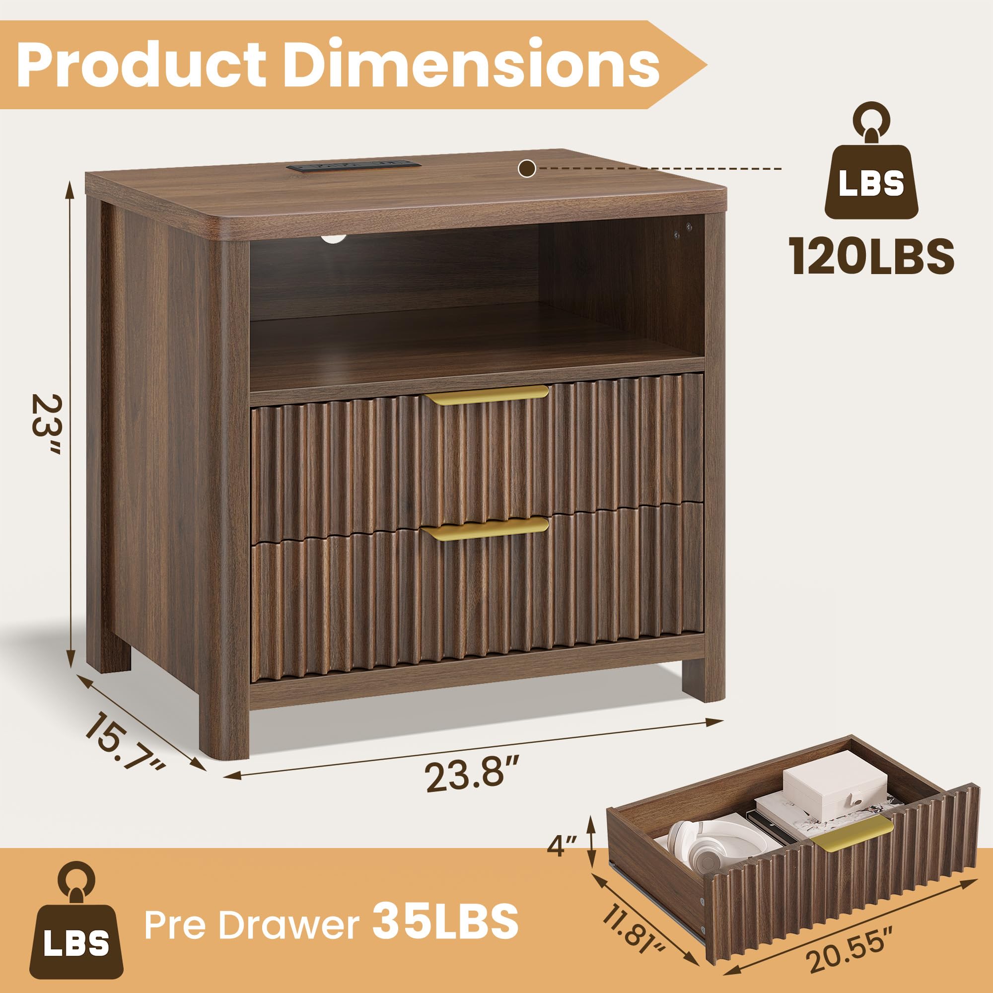 Nightstand with Charging Station & 2 Drawers