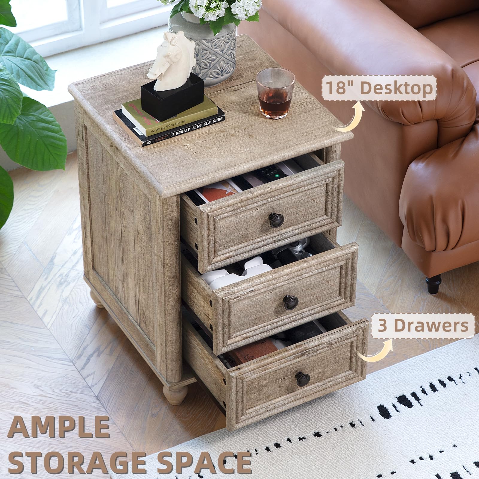 RWYHG Farmhouse Dresser and Nightstand Sets 4 Piece, Wooden 7 Drawers Dresser & 43.5" Tall Chest of Drawers, 18" Roman Column Nightstand Set of 2, Furniture Dressers for Bedroom, Living Room