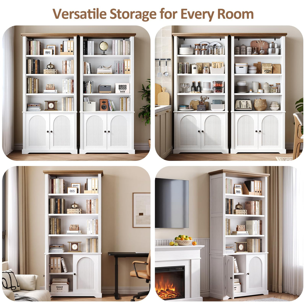 Glirun Modern 71" Tall 6-Shelf Bookcase with Doors, Storage Cabinet with Adjustable Shelves, Fluted Double-Door Design for Living Room, Home Office, Bedroom