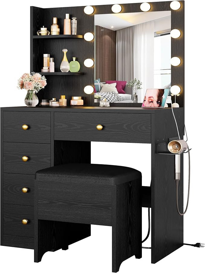 White Vanity Desk with Mirror and Lights