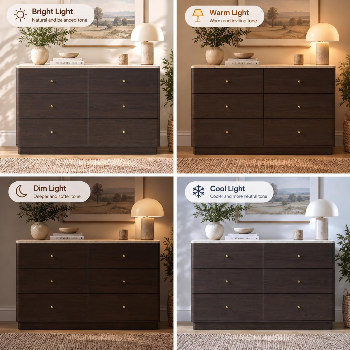 Brafab 47.5" Curved Chest of Drawers, 6 Drawer Dresser Travertine-Inspired