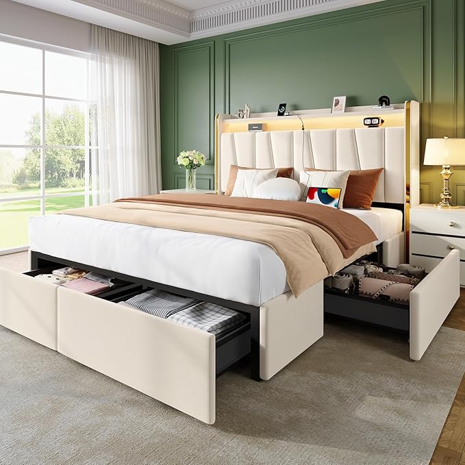 King Upholstered Storage Bed with LED Headboard