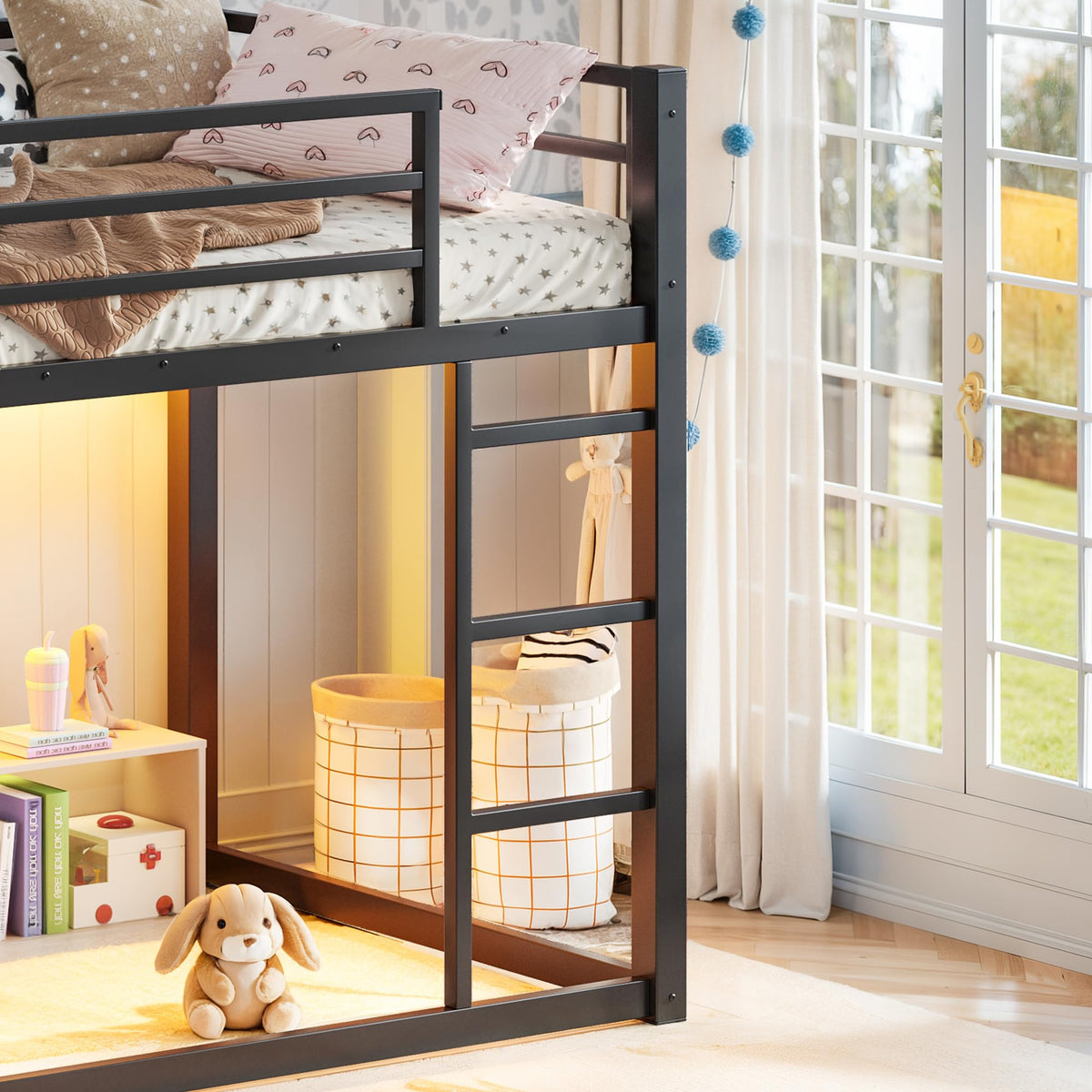 Twin Metal Bunk Bed with Storage & LED Lights