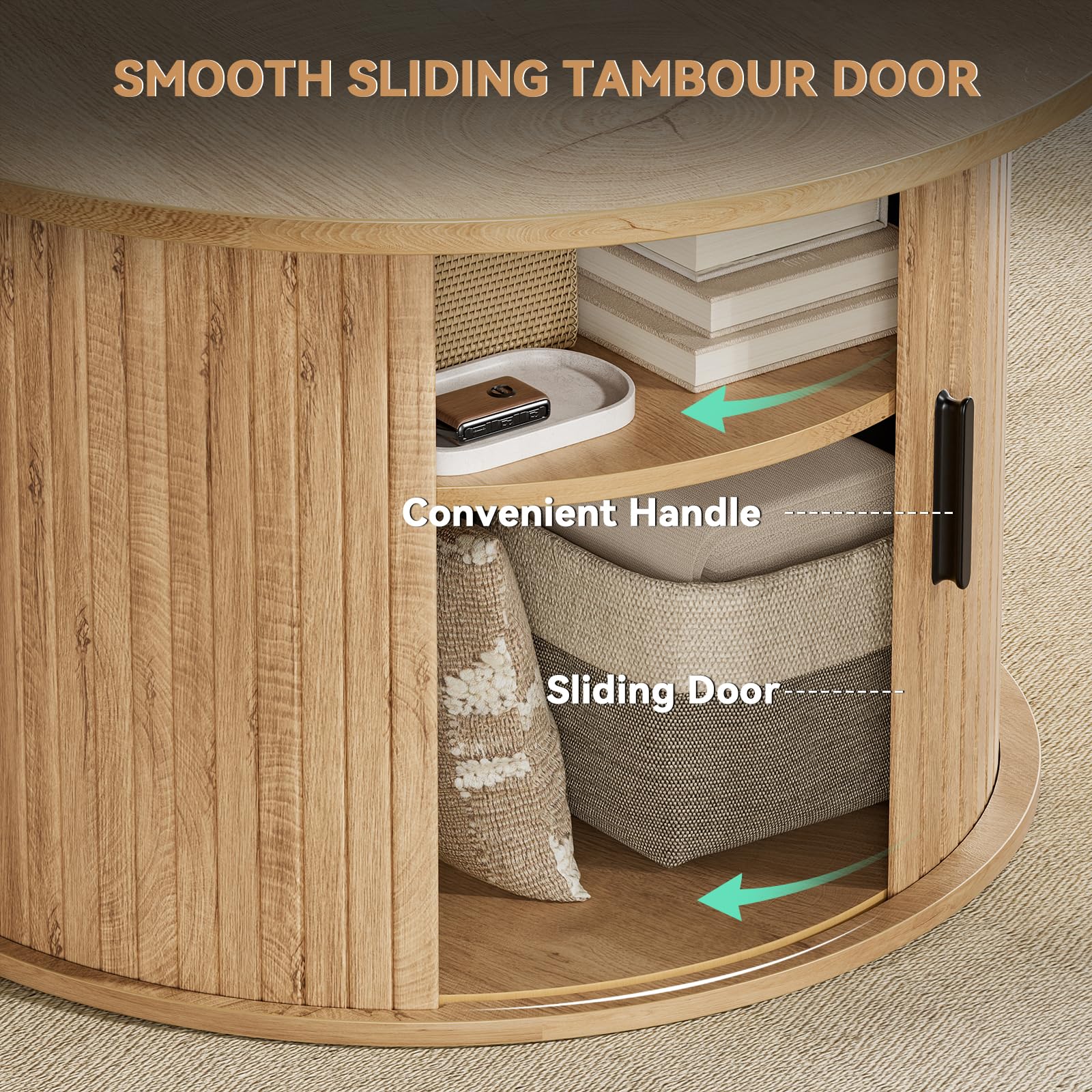 FABATO Round Lift Top Coffee Table, Fluted Wood Accent Coffee Table with Hidden Storage and Open Shelves, Drum Table with Sliding Rolling Door, Small Center Table Dining Table for Living Room, Wood
