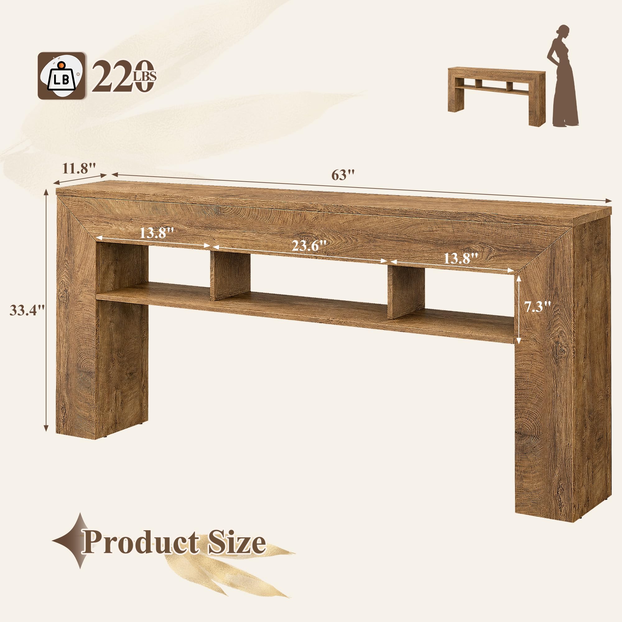 EnHomee 63 Inch Long Console Table for Entryway Sofa Table with Extra Storage Shelves Farmhouse Wood Behind Couch for Hallway, Entrance, Living Room, Foyer, Light Brown