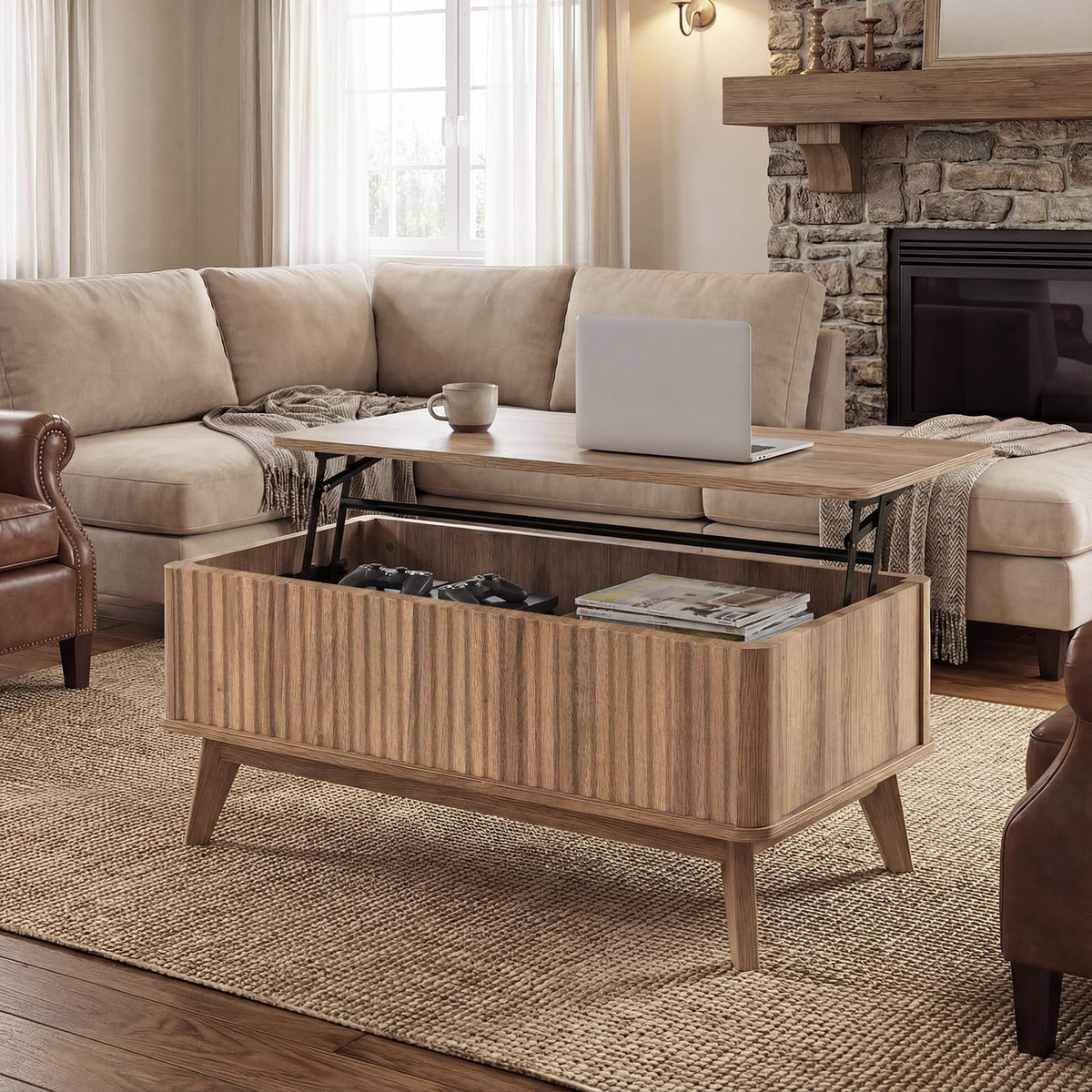 GIANTEX Lift Top Coffee Table with Storage, 35.5" Mid Century Modern Center Table with Solid Wood Leg & Hidden Compartment, Minimalist Fluted Living Room Table for Home Office, Oak