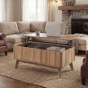 GIANTEX Lift Top Coffee Table with Storage, 35.5" Mid Century Modern Center Table with Solid Wood Leg & Hidden Compartment, Minimalist Fluted Living Room Table for Home Office, Oak