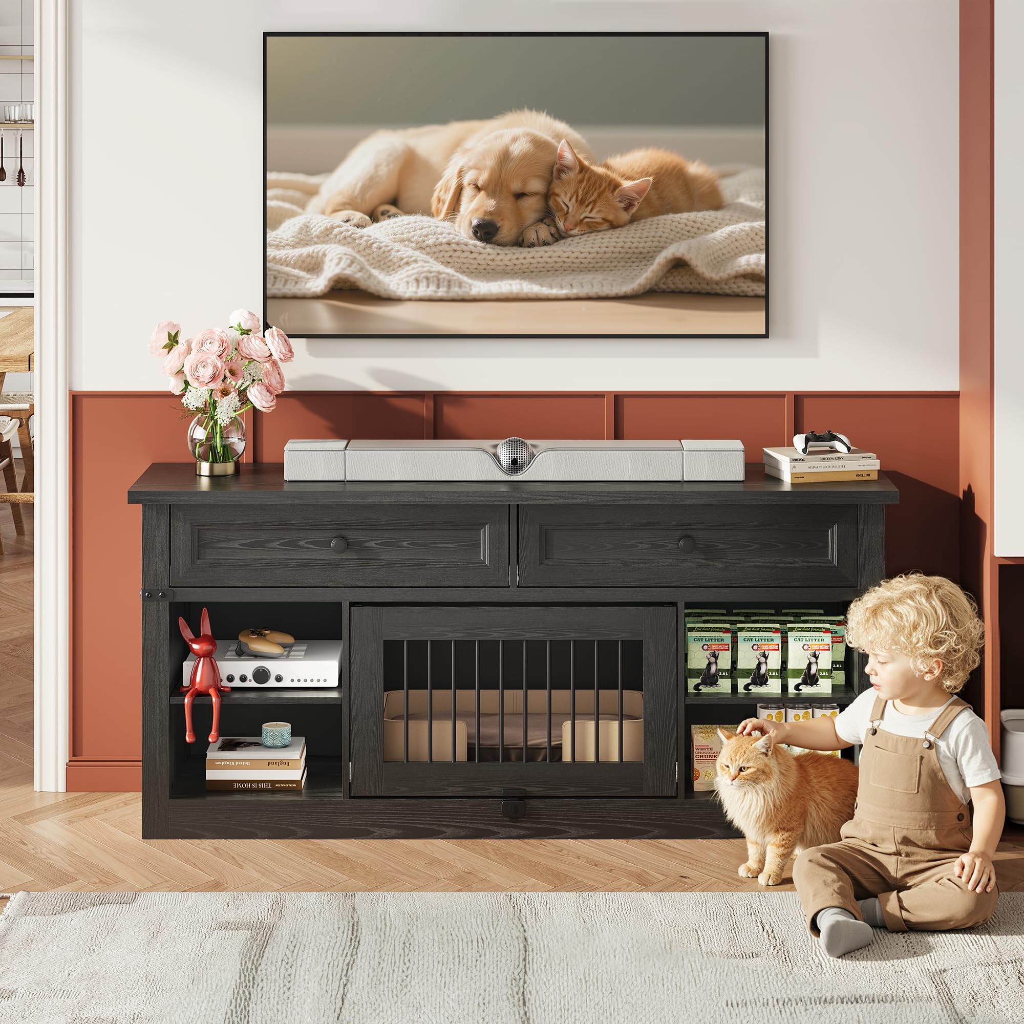 TV Stand with Pet Crate & Storage Drawers