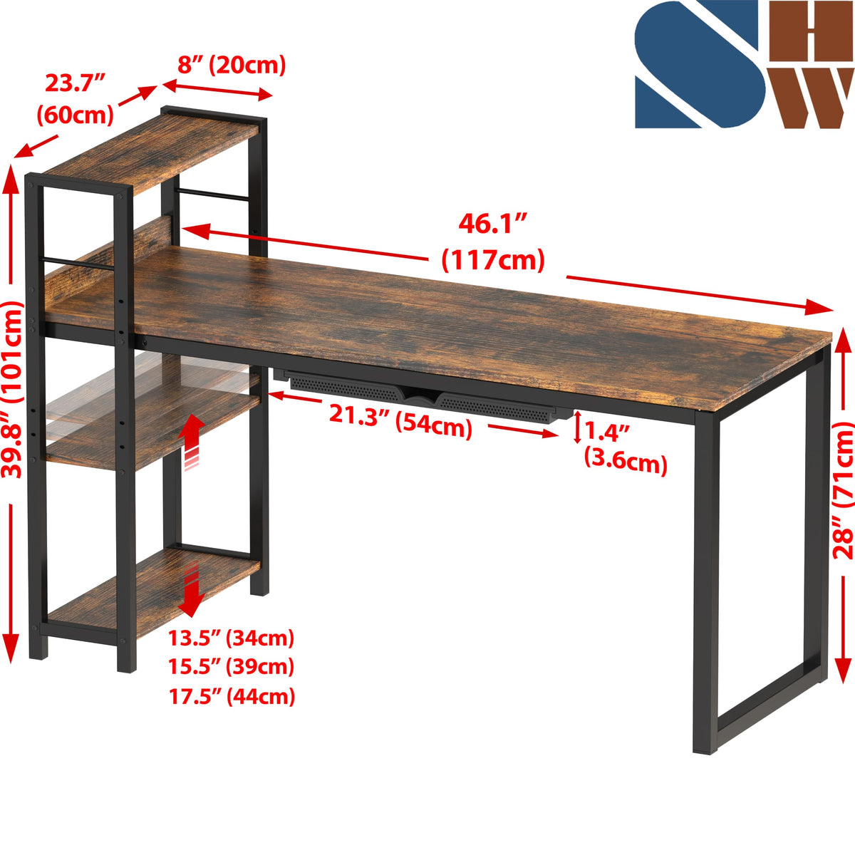SHW 46-Inch Home Office Computer Desk w/Side Shelf & Drawer, Rustic Brown