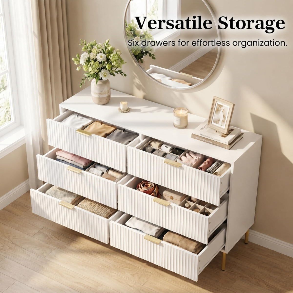 3-Piece Fluted Dresser and Nightstand Set, White and Gold