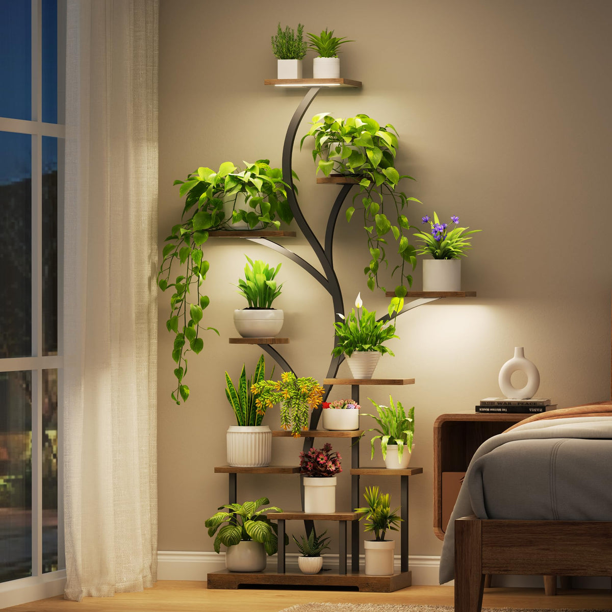 BELLEZE 63 Inch 11-Tier Metal Plant Stand with LED Grow Lights, Tall Indoor Plant Shelf & Corner Flower Display Rack for 15-18 Pots of Large Plants in Living Room, Bedroom, or Balcony (Brown)