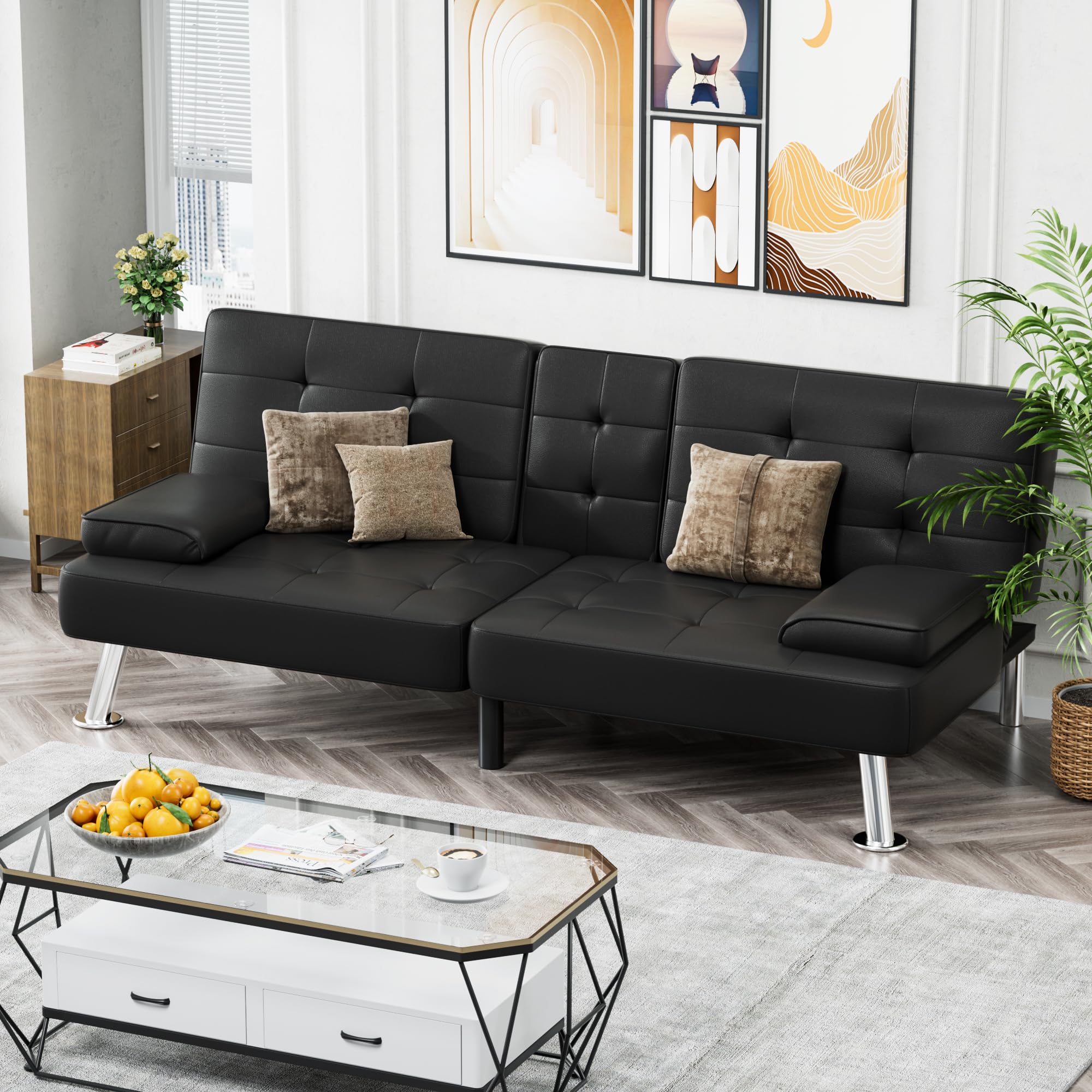 Faux Leather Futon Sofa Bed with Adjustable Backrest & Cup Holders