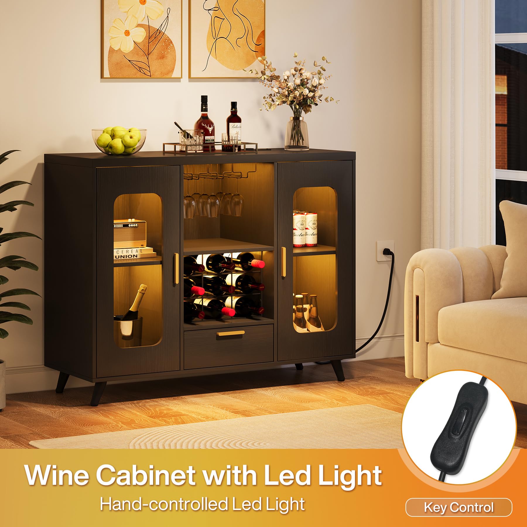 Condemo Bar Cabinet with Power Outlets, Modern Coffee Bar Sideboard with LED Light, Farmhouse Liquor Cabinet with Wine Rack, Glass Holder & Wine Storage, Black