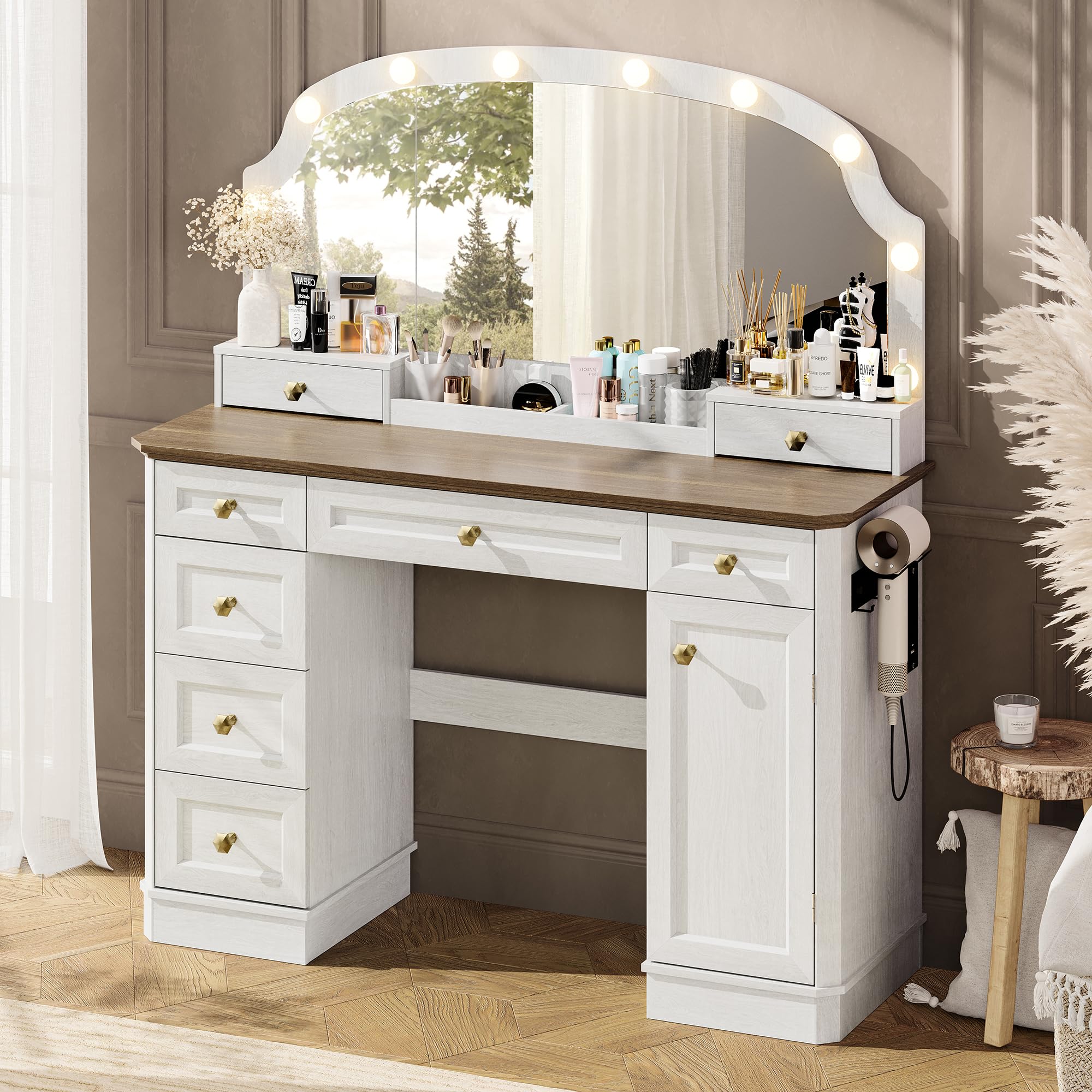 AMBERHAUS Farmhouse Makeup Vanity Desk with Mirror and Lights, 47'' Vanity Table with 8 Storage Drawers 1 Cabinet & 2 Organizer Trays, Large Dressing Table with Charging for Bedroom Rustic White
