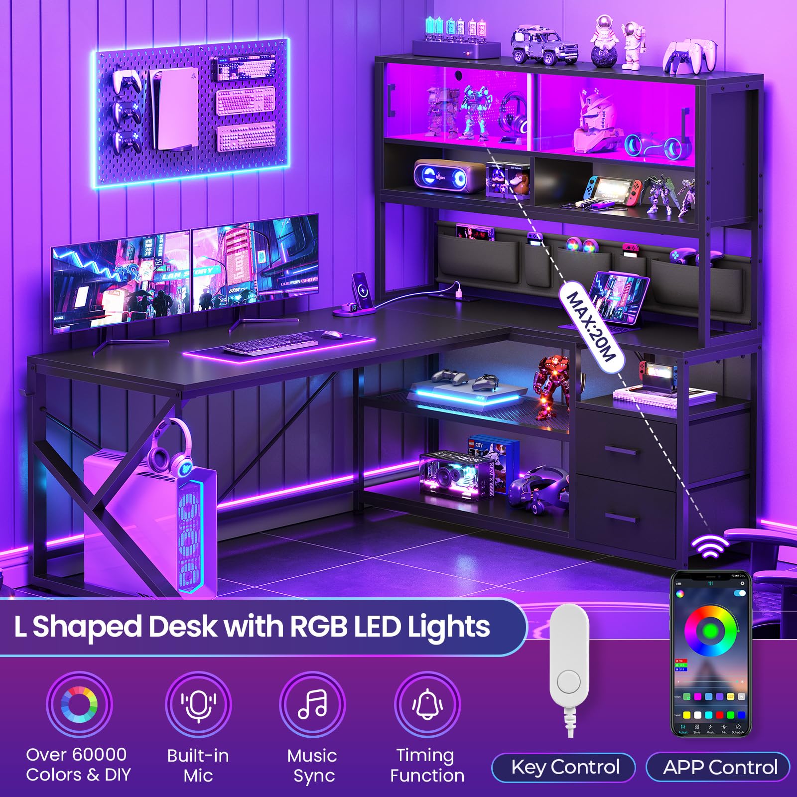 L-Shaped Gaming Desk with Bookshelf & LED Light