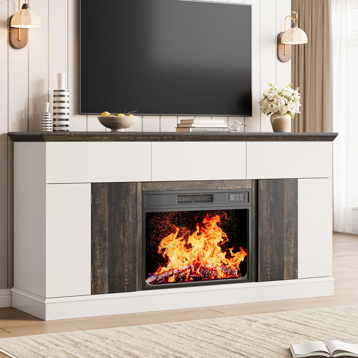 Jocoevol 58" Fireplace TV Stand with 23" Electric Fireplace, Entertainment Center for TVs up to 65", TV Console with 3 Storage Drawers, 2 Side Cabinets & Press-to-Open Doors for Living Room, Bedroom