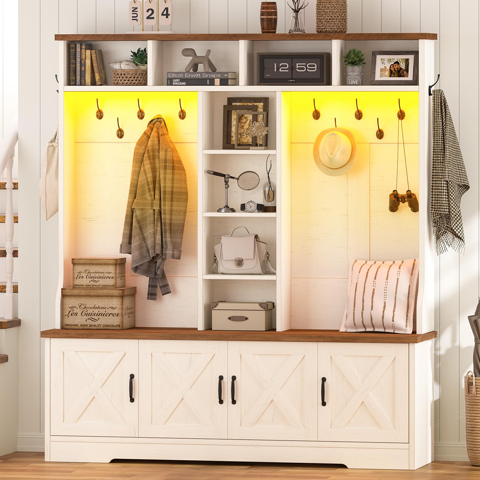 5-in-1 Farmhouse Hall Tree with Bench, Shoe Cabinet, 12 Hooks & LED Lights