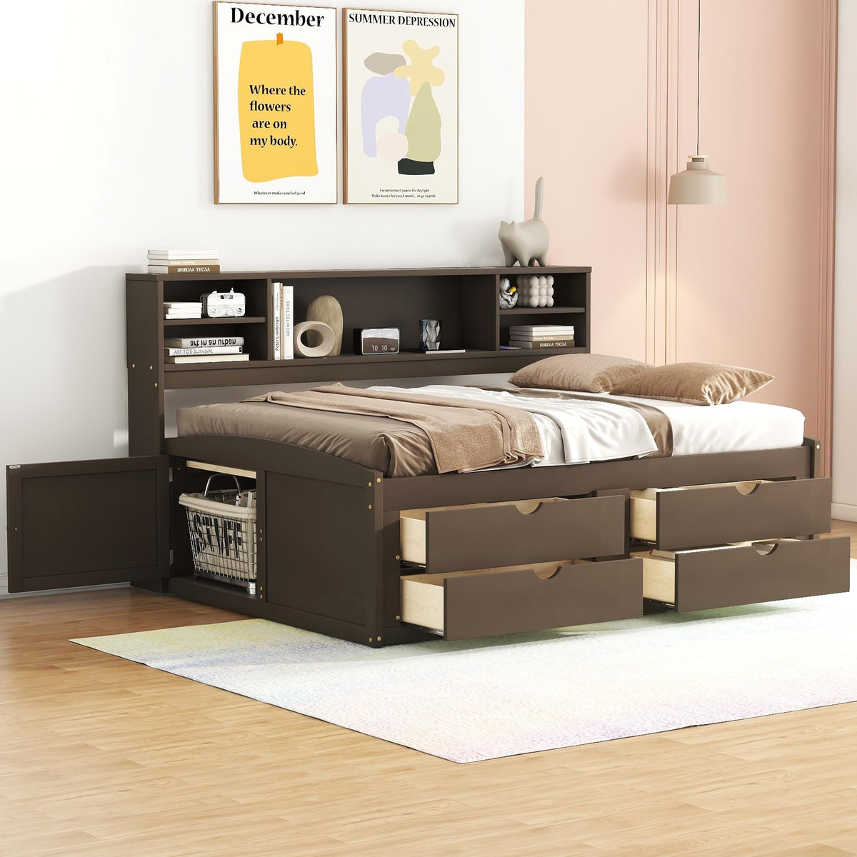 SOFTSEA Full Size Daybed with Storage Drawers and Bookcase Headboard, Wood Corner Bed with Storage Cabinets, Full Captains Bed for Small Space, No Box Spring Needed, Antique Brown