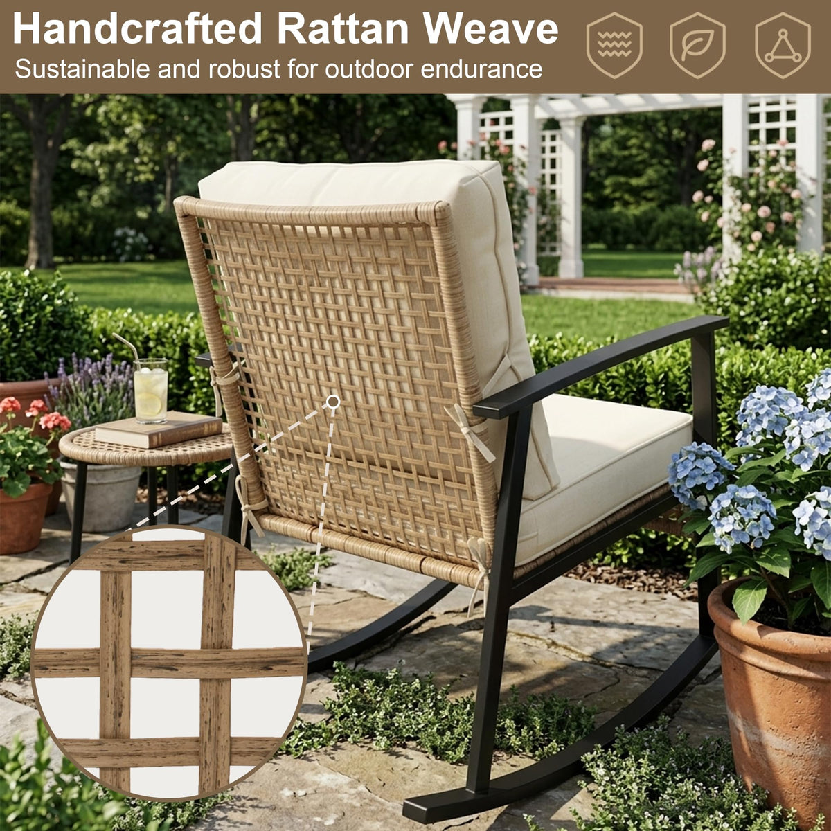 Yardgrace 3 Pieces Patio Furniture Set, Bistro Table and Chairs Set of 2, Outdoor Furniture Set with Thick Cushions and 2-Tier Coffee Table, Rocking Chair Outdoor for Backyard, Garden,Balcony, Beige