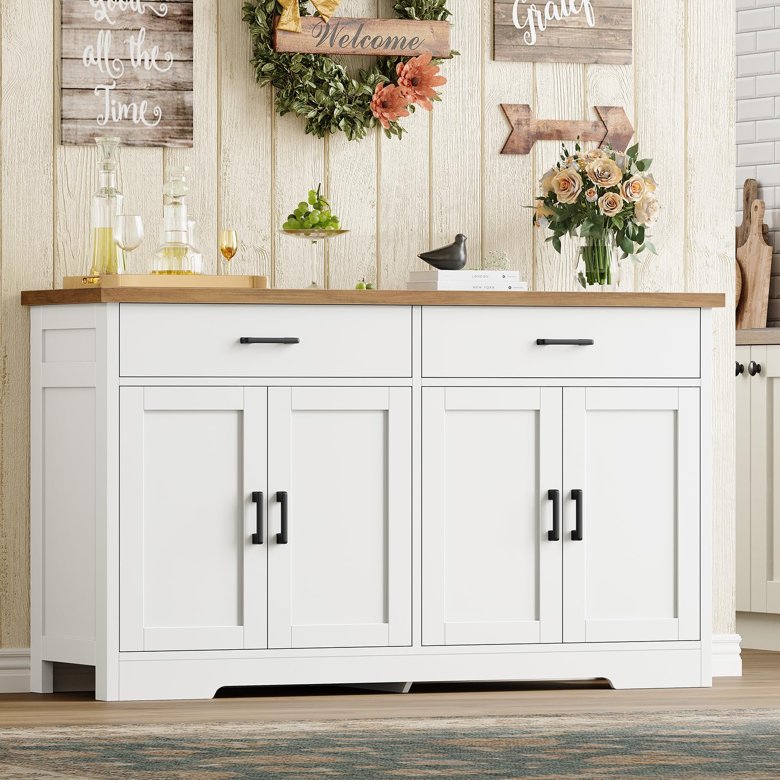 SLINEMO Buffet Cabinet with Storage and 2 Drawers, Large Sideboard Buffet Cabinet with Adjustable Shelves and Doors, Modern Coffee Bar Cabinet, White