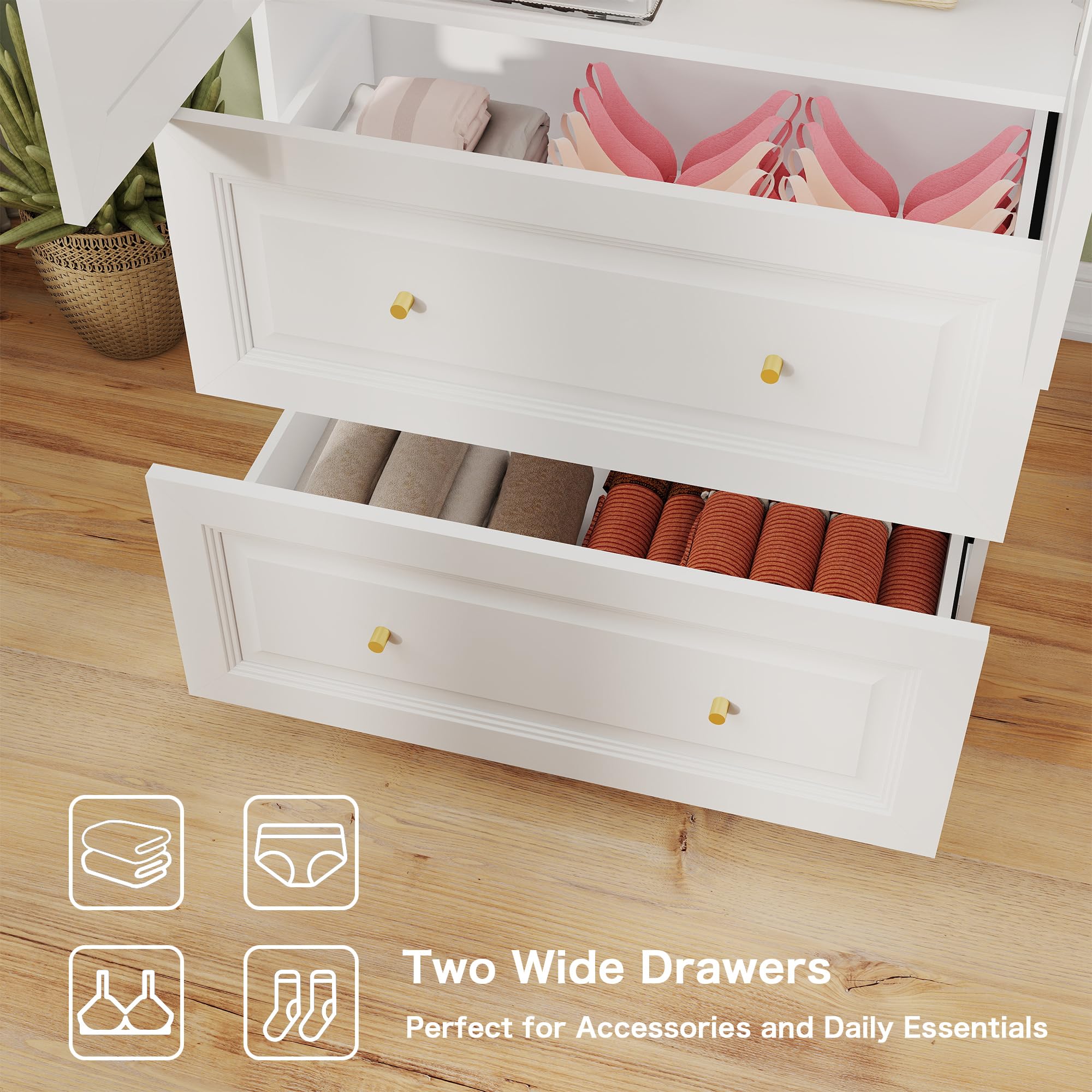 Mhsatyrs Armoire Wardrobe Closet with Drawers: Large White Wardrobe Closet with 2 Doors and 2 Drawers, Wooden Bedroom Armoires Storage Cabinet with Hanging Rod and Shelves (32")