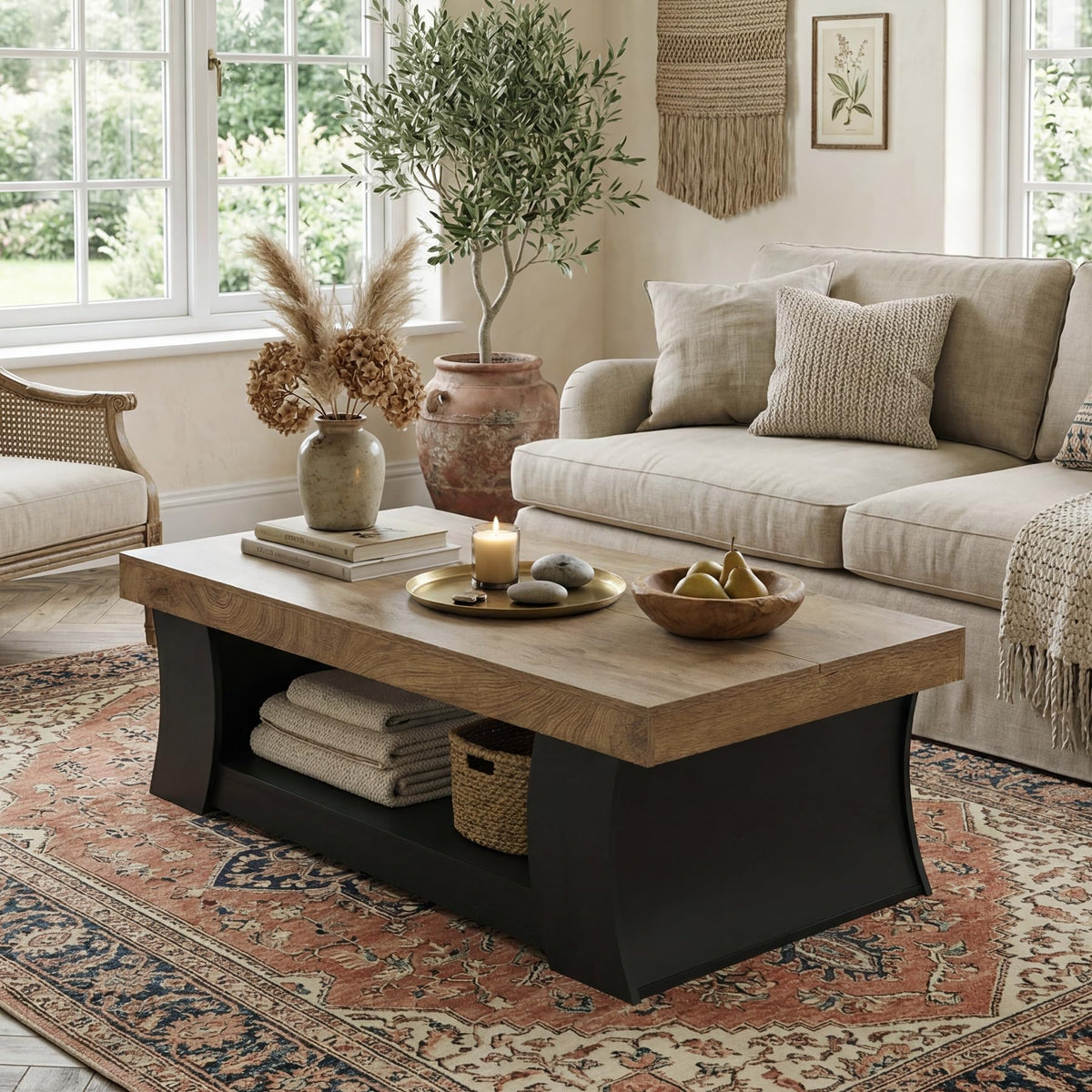 LITTLE TREE 55" Coffee Table, Living Room Table with Storage Shelf, Wooden Coffee Table, Modern Farmhouse Rectangle Center Table for Living Room, Bedroom, Office, Rustic Brown+Black