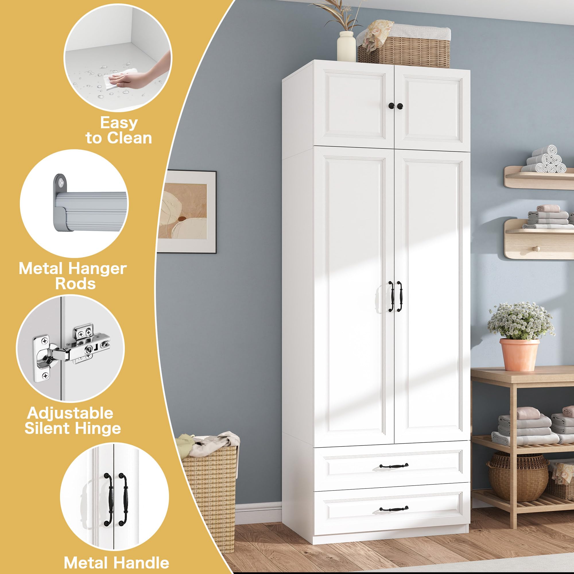 LABROSKIA Armoire Wardrobe Closet with Doors: 89" Extra Tall White Wardrobe with Storage on Top, Bedroom Armoires with 2 Doors and 2 Drawers, Large Wood Closet Armoire for Hanging Clothes