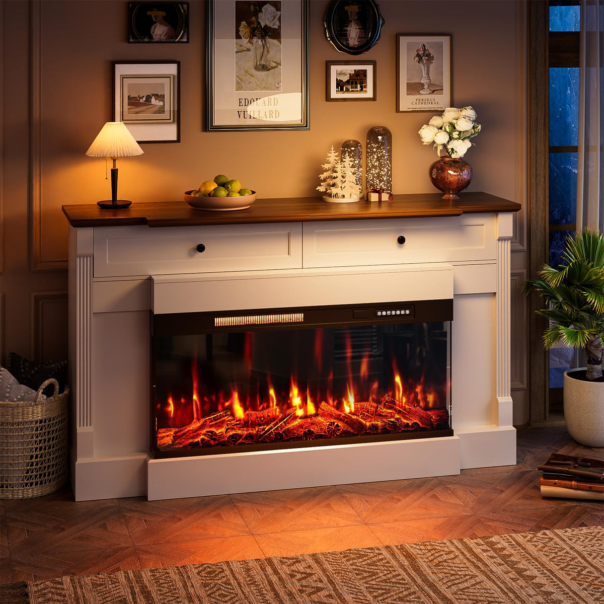 Eueiriup 61" Electric Fireplace with Mantel, Fireplace TV Stand, White