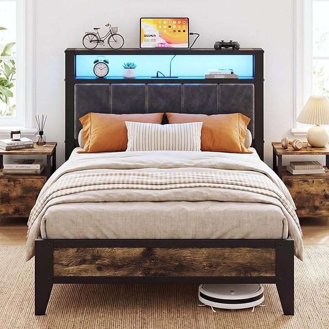 King Platform Bed Frame with LED Headboard & Charging Station