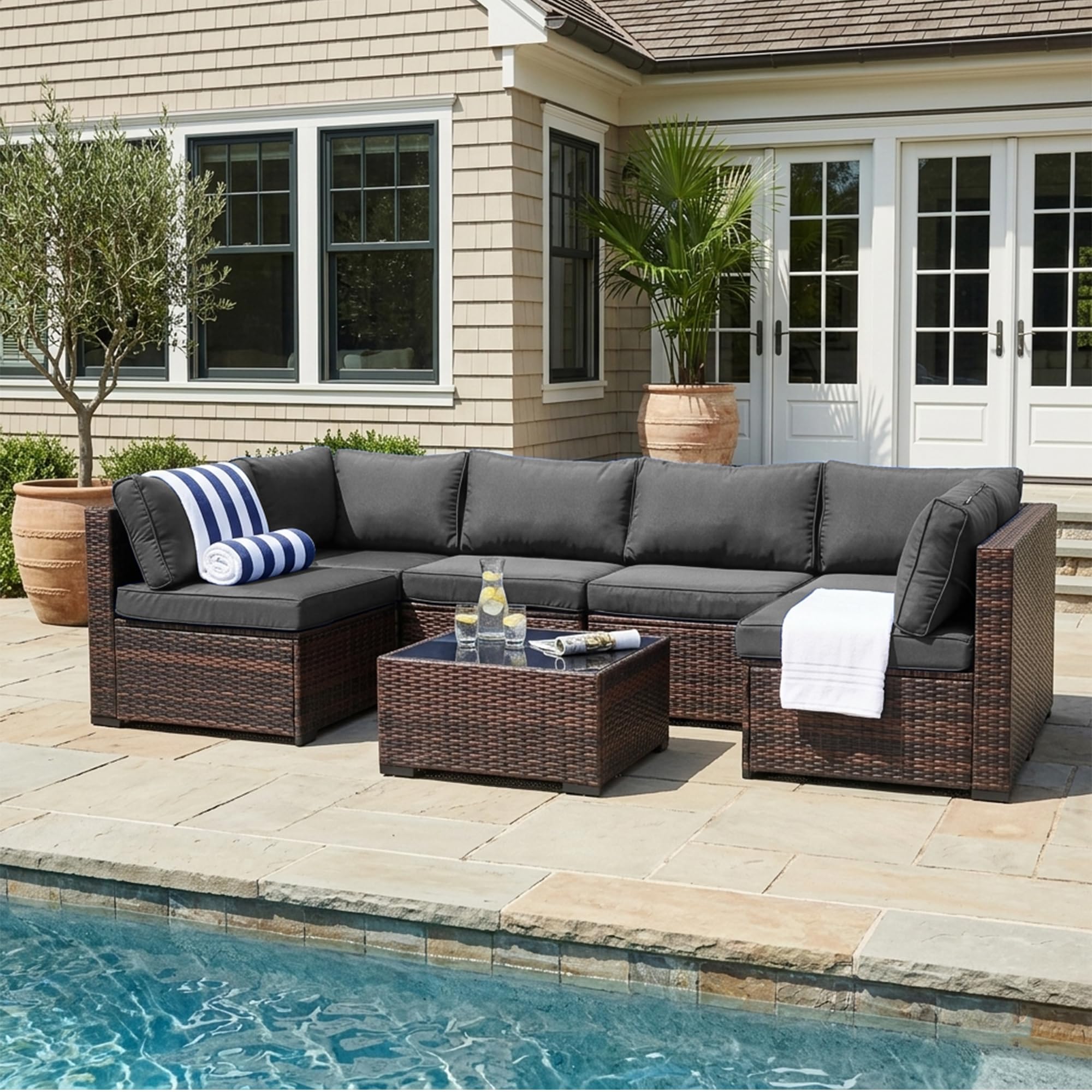7-Piece Outdoor Sectional Sofa Set with Glass Table & Rain Cover