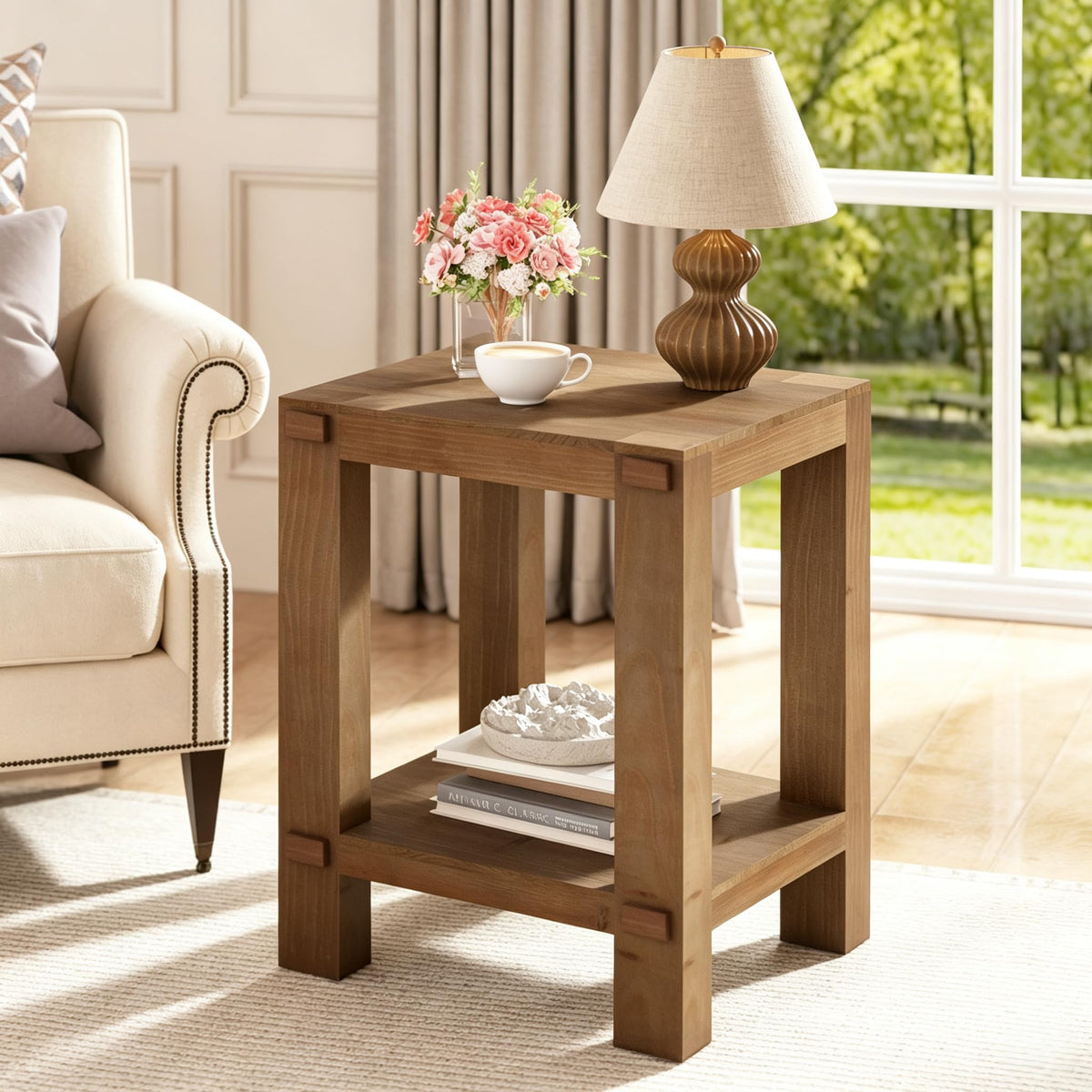 ZOVAZEN Wood End Table, 2-Tier Side Table with Storage Shelf