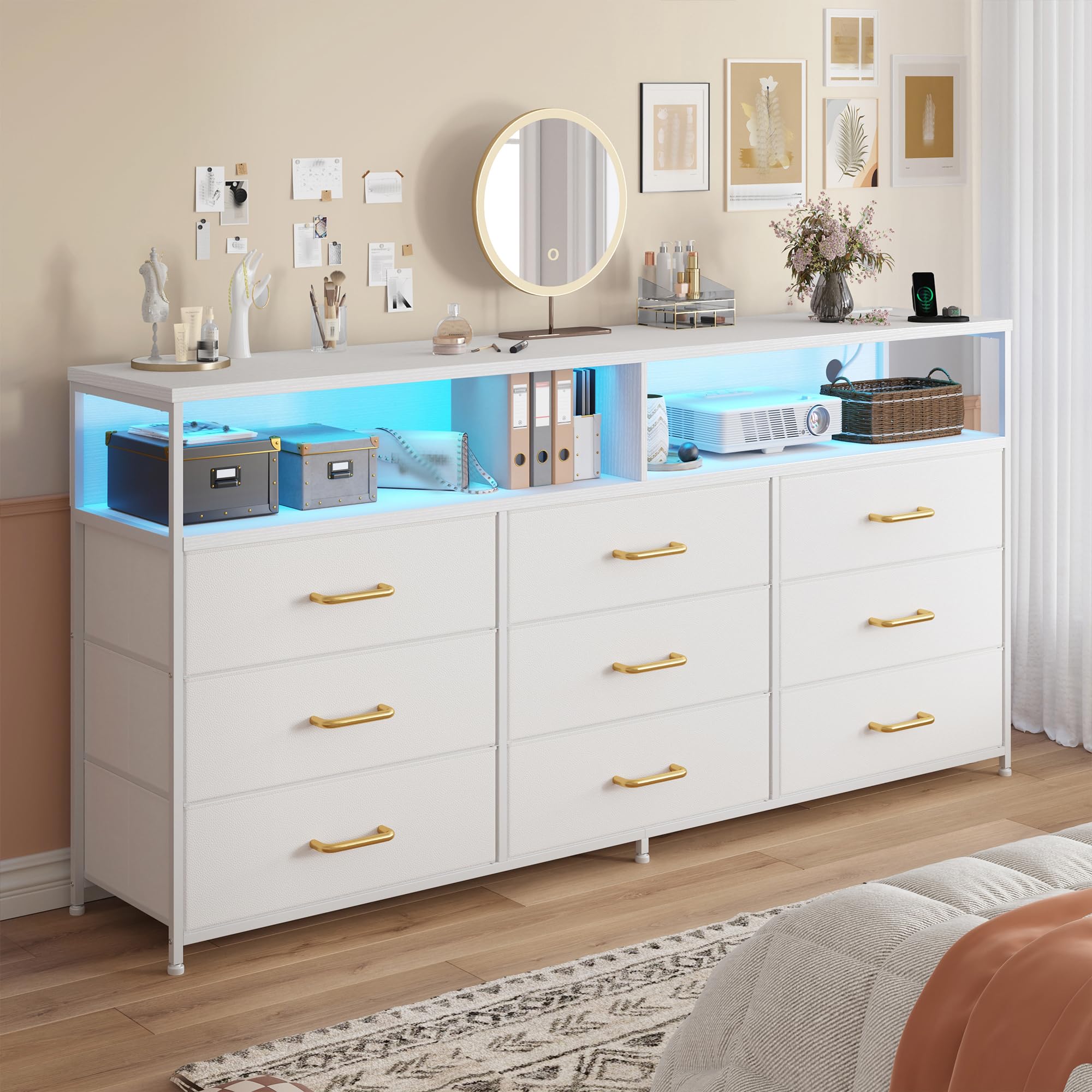 EnHomee 55" W White Dresser for Bedroom with Charging Station & LED Light, 65 Inch TV Stand with 9 Fabric Drawers, Sturdy Dressers & Chest of Drawers with 2 Wood Open Shelves,55.12" Wx11.81 Dx35.43 H