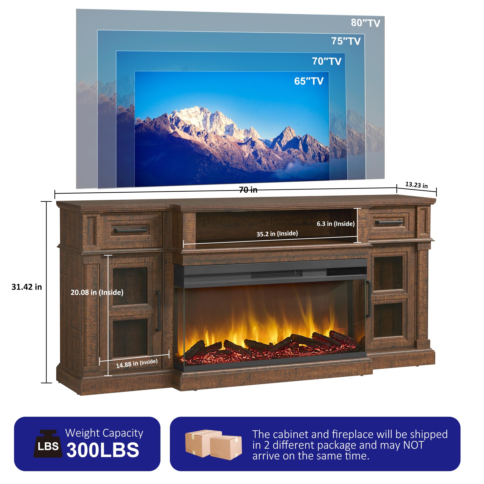 Unineo 3-Side Fireplace TV Stand for up to 80 Inch TV, LED Entertainment Center with 36 Inch Electric Fireplace, Farmhouse TV Console Table w/Drawers & Cabinets for Living Room, Cherry