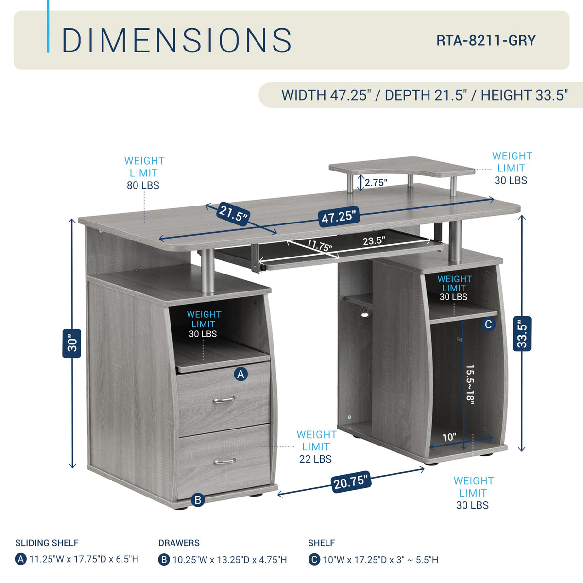 Grey Computer Desk with Storage