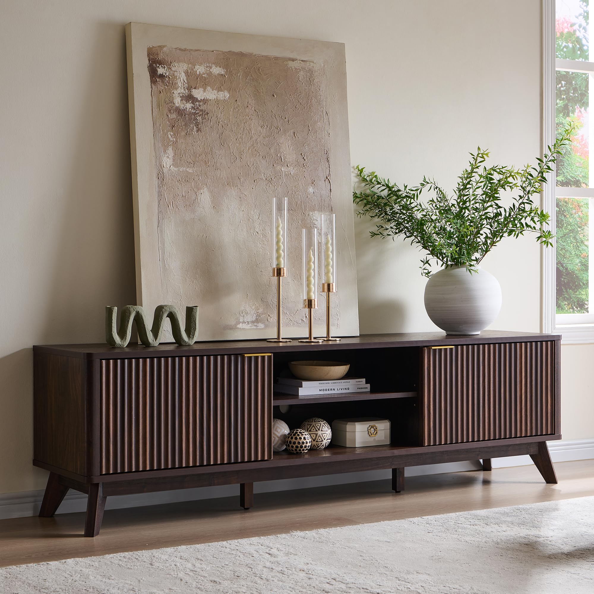 OKD 70" Mid Century Modern Fluted TV Stand, Entertainment Center, Sideboard, Media Console for Living Room with 2 Soft Close Door/Adjustable Shelves (Dark Walnut)