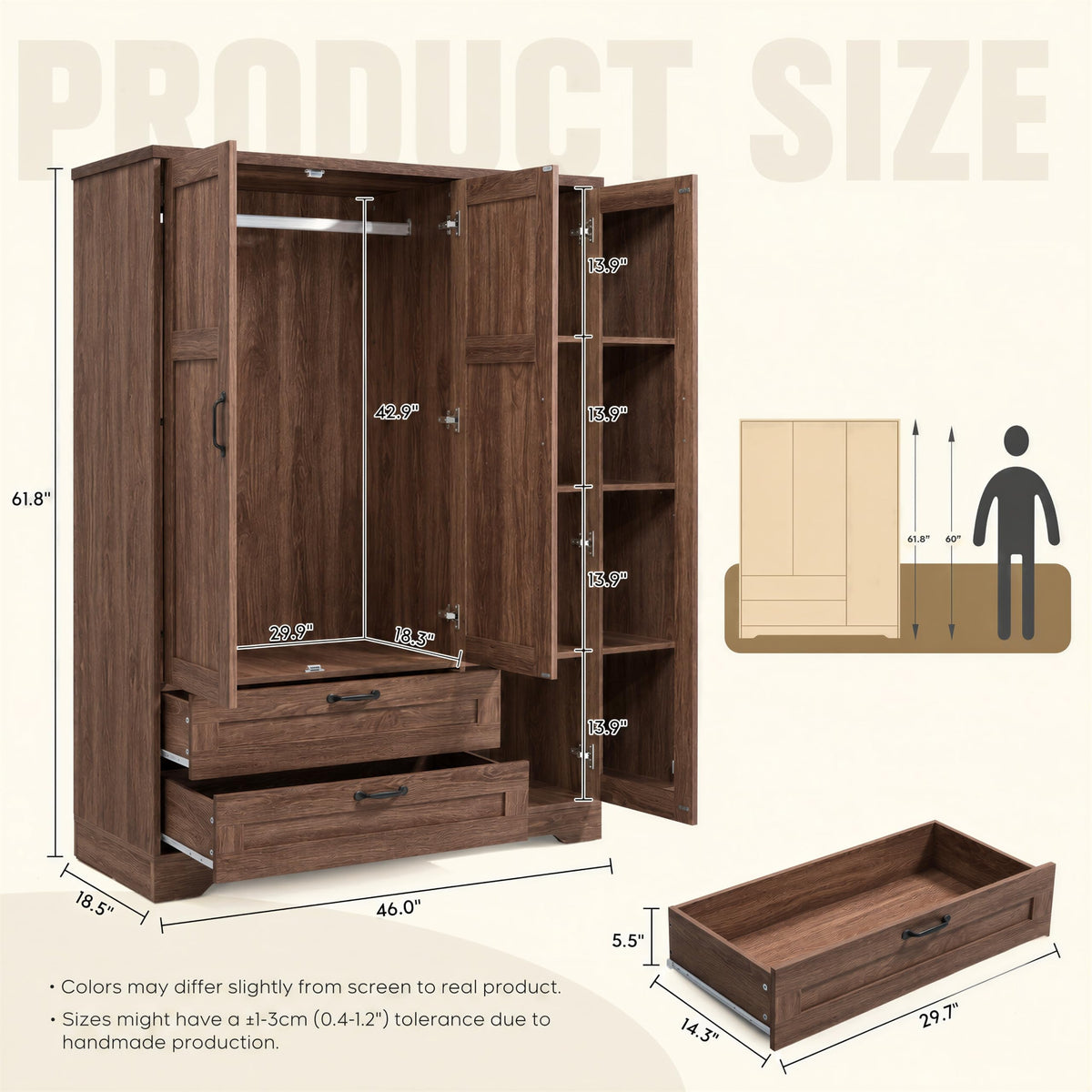 XIAO WEI Armoire Wardrobe Closet with 3 Door, Walnut