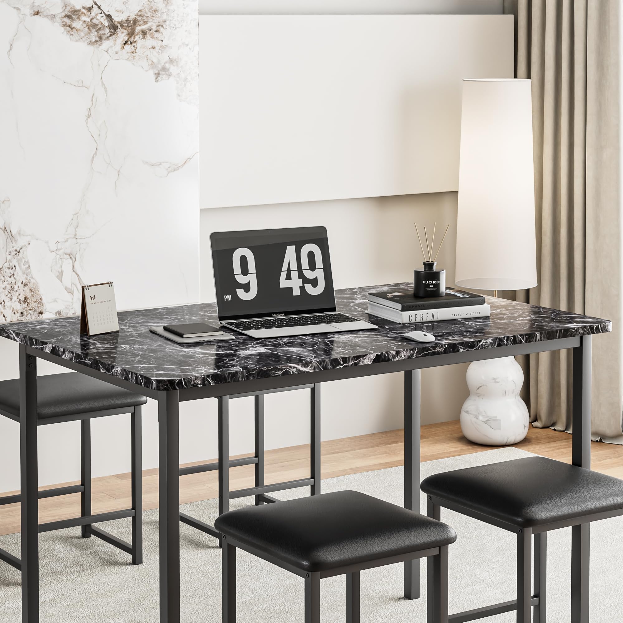 5-Piece Faux Marble Dining Table Set with 4 PU Stools
