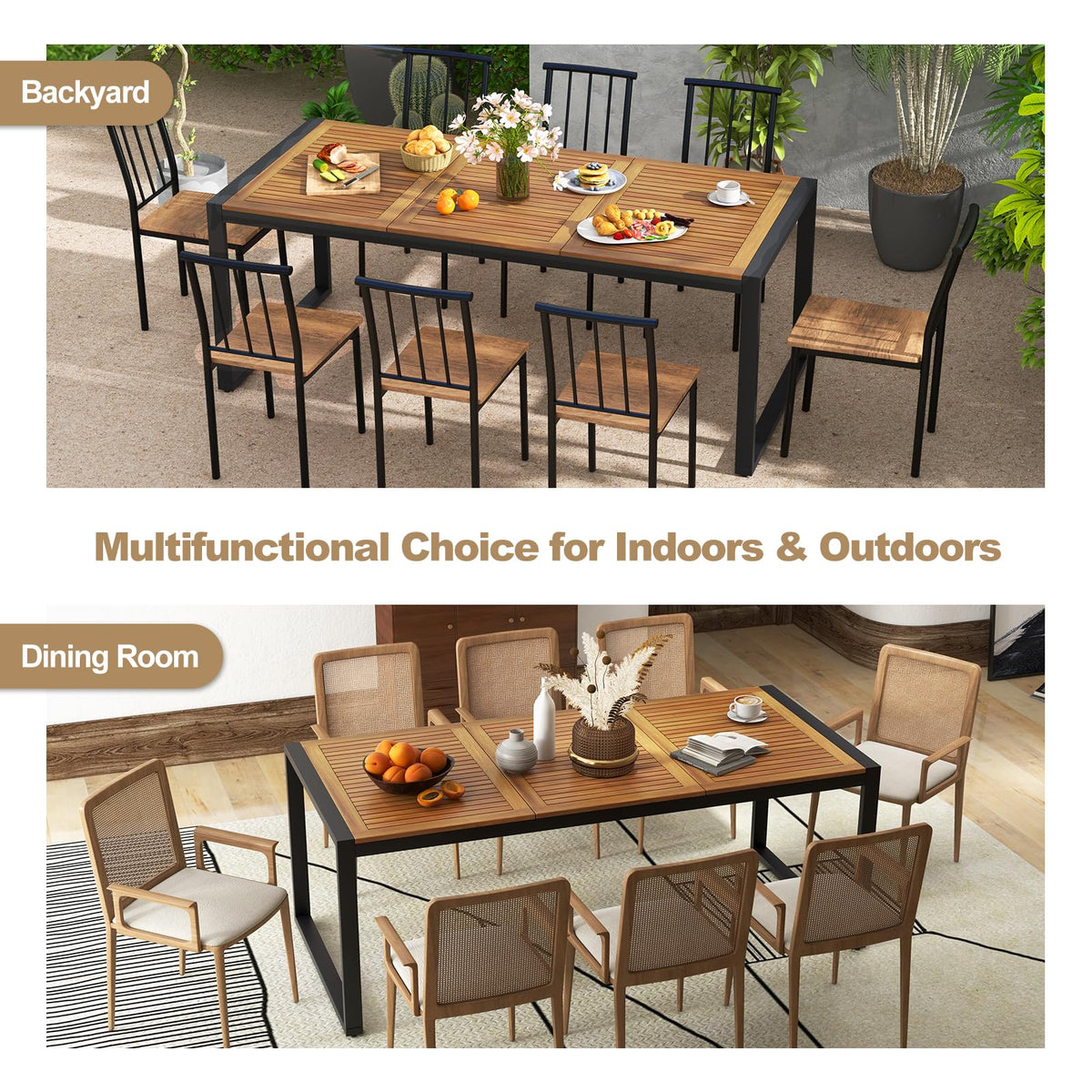 Tangkula 79 Inches Acacia Wood Outdoor Dining Table for 8, Large Rectangular Patio Table with 1.9" Umbrella Hole, Heavy Duty Metal Legs & Adjustable Foot Pads, Outside Table for Patio, Garden, Yard
