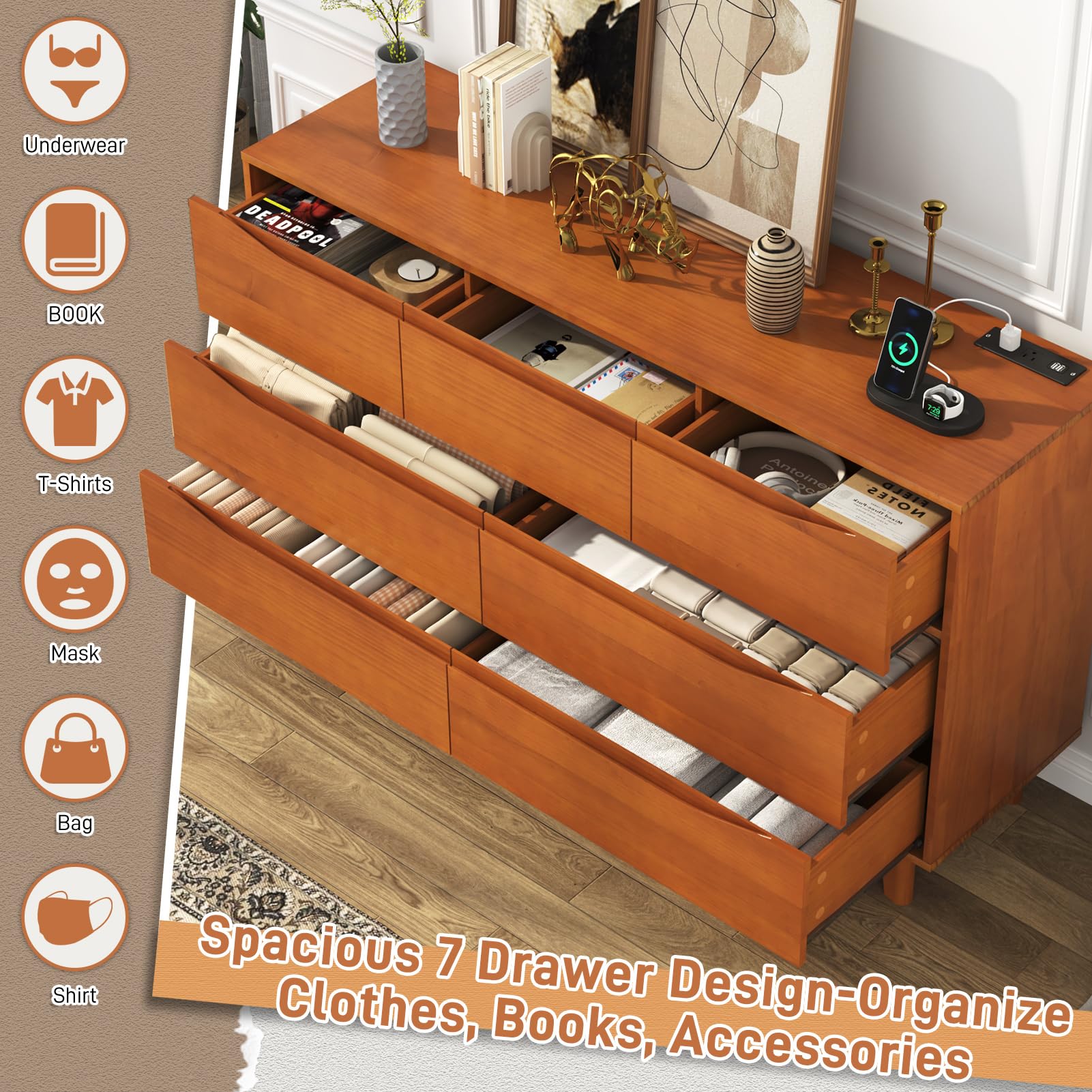 7 Drawer Dresser for Bedroom, 55” Wide Solid Wood Dresser with Power Outlet, Mid-Century Modern Chest with Solid Wooden, Large Wood Storage Organizer,Wood TV Stand for Bedroom, Living Room,Caramel