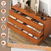 7 Drawer Dresser for Bedroom, 55” Wide Solid Wood Dresser with Power Outlet, Mid-Century Modern Chest with Solid Wooden, Large Wood Storage Organizer,Wood TV Stand for Bedroom, Living Room,Caramel